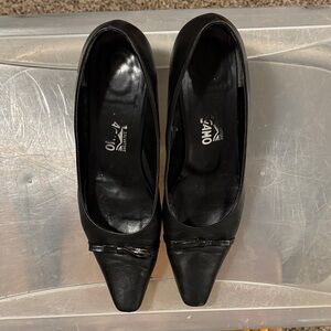 Salvatore Ferragamo Black Leather Kitten Heels with Bow Accent